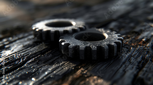 Two metallic gears lie on a rough wooden surface, showcasing intricate details and textures. The contrast between the dark metal and the weathered wood highlights their industrial design.