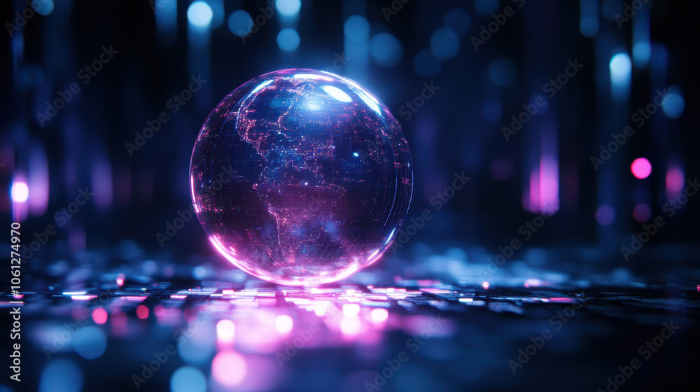 glowing crystal globe with digital map, surrounded by vibrant lights and reflections, creating futuristic atmosphere glowing crystal globe with digital map, surrounded by vibrant lights and reflections, creating futuristic atmosphere
