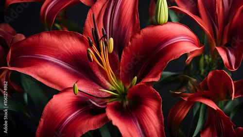 A close up of a red flower with green leaves