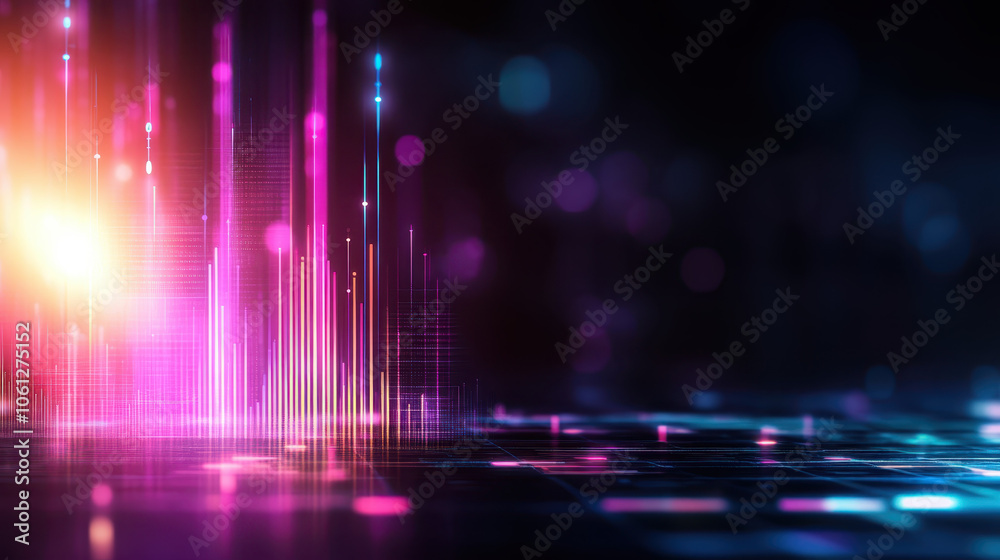 Vibrant digital sound waves in pink and blue hues create dynamic visual. glowing bars represent audio frequencies, set against dark background, evoking sense of energy and movement Vibrant digital sound waves in pink and blue hues create dynamic visual. glowing bars represent audio frequencies, set against dark background, evoking sense of energy and movement