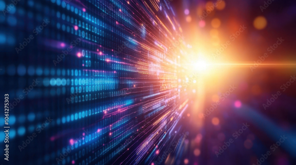 vibrant digital landscape with glowing binary code and light rays, symbolizing technology and data flow vibrant digital landscape with glowing binary code and light rays, symbolizing technology and data flow