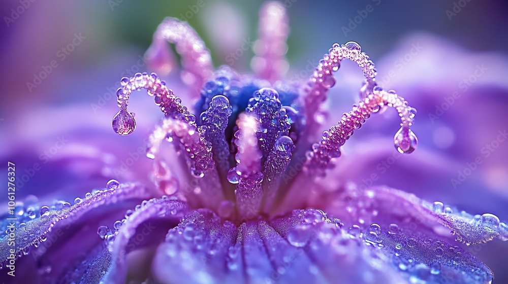 Naklejka premium Macro Shot of Purple Flower with Dew Drops