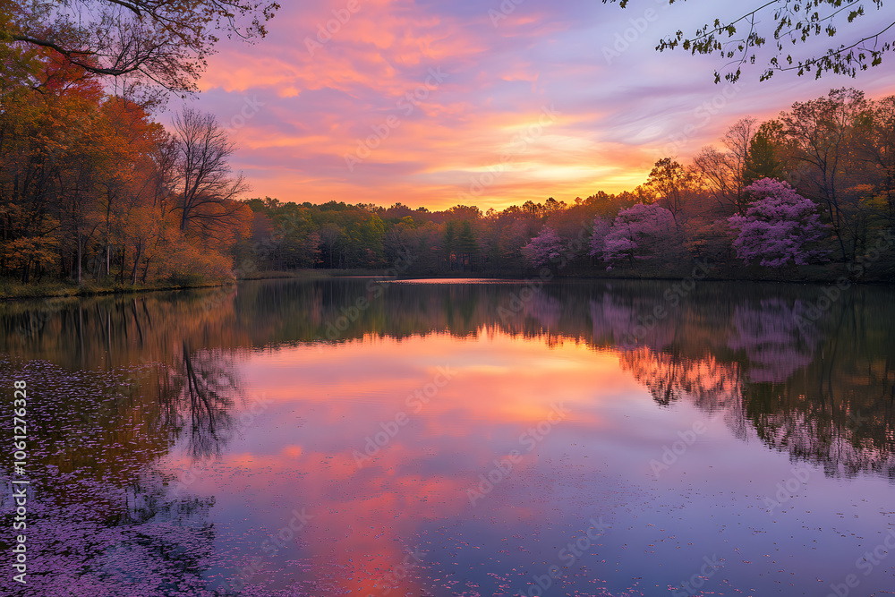 Obraz premium Vibrant spring lake surrounded by blossoming trees, colorful reflections on calm water