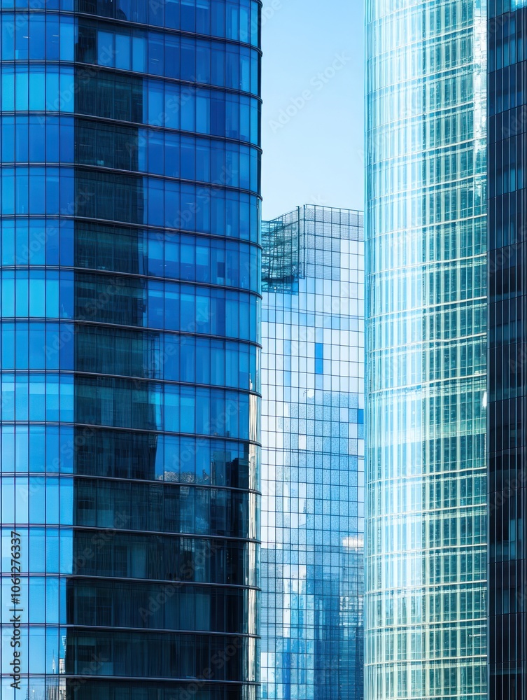 A close-up view of modern glass skyscrapers reflecting light in an urban setting. A close-up view of modern glass skyscrapers reflecting light in an urban setting.