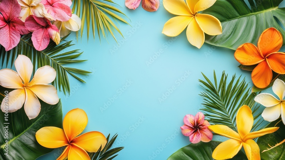 Obraz premium Colorful Tropical Flowers with Leaves on Blue Background