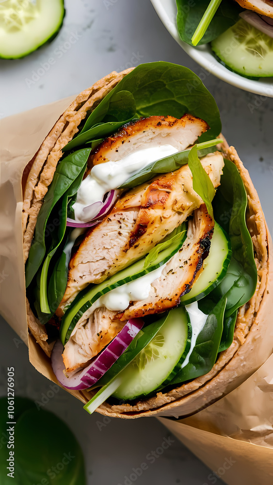 Delicious grilled chicken wrap filled with fresh spinach, cucumber, and red onion, drizzled with creamy sauce, served in a whole grain tortilla for a healthy meal option.