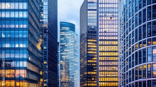 A cityscape featuring modern skyscrapers reflecting evening lights.