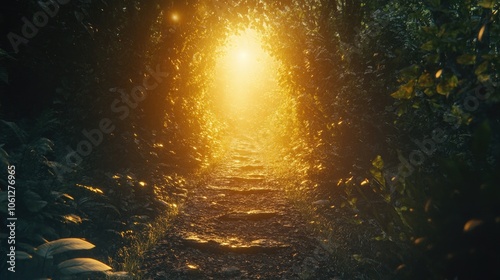 Pathway through forest opening to bright light, [success journey], [metaphor for overcoming challenges towards achievement] 