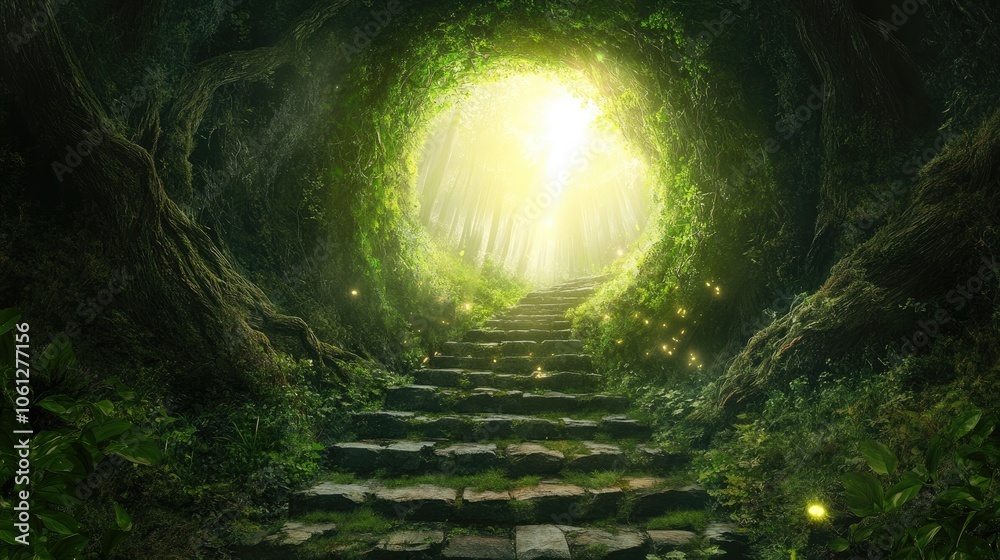Pathway through forest opening to bright light, [success journey], [metaphor for overcoming challenges towards achievement] 