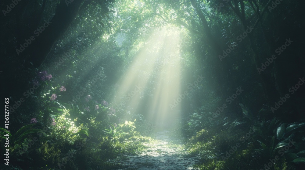 Obraz premium Pathway through forest opening to bright light, [success journey], [metaphor for overcoming challenges towards achievement] 