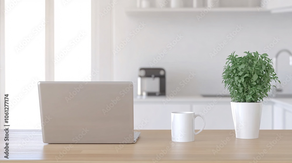 cozy home office setup, wooden desk, silver laptop, white coffee cup, potted coffee plant, bright kitchen background, minimalist workspace design