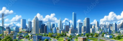 A vibrant city skyline with modern buildings and mountains in the background.