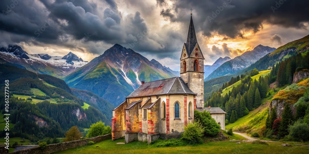 Fototapeta premium Großglockner's peak casts a shadow on Heiligenblut Osttirol's forgotten church.