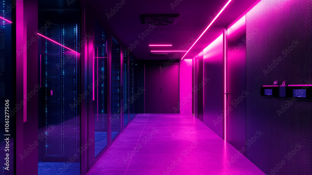 Futuristic Neon Lit Corridor in Modern Building