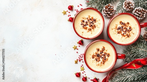 Three Cups of Eggnog with Christmas Decorations on White Background