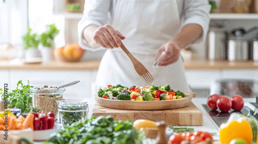 home chef following online recipe, bright interior, wooden utensils, colorful produce, open laptop, floating shelves, soft window light, casual cooking attire home chef following online recipe, bright interior, wooden utensils, colorful produce, open laptop, floating shelves, soft window light, casual cooking attire