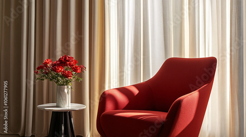 red chair and flowers by window with sheer curtains in living room