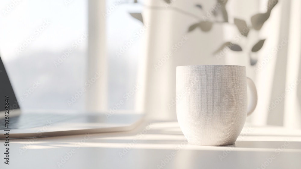 scandinavian interior design influence, streamlined portable computer, unadorned ceramic cup, soft fabric textures, dreamy natural illumination, peaceful morning routine snapshot scandinavian interior design influence, streamlined portable computer, unadorned ceramic cup, soft fabric textures, dreamy natural illumination, peaceful morning routine snapshot