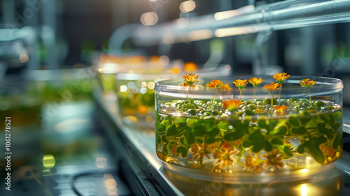 Innovative zero gravity biological experiment showcasing vibrant aquatic plants in transparent containers, highlighting scientific exploration and natures beauty