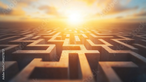 Abstract maze with highlighted path to center, [path to success], [visualizing overcoming obstacles in strategic planning]  photo