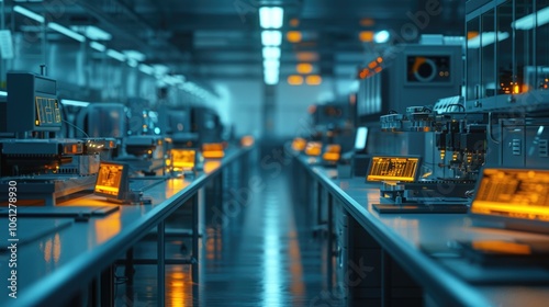 Obraz na płótnie long control room in a high-tech factory illuminated by blue lights, featuring rows of computer monitors and control panels, representing modern industrial technology and automation w salonie