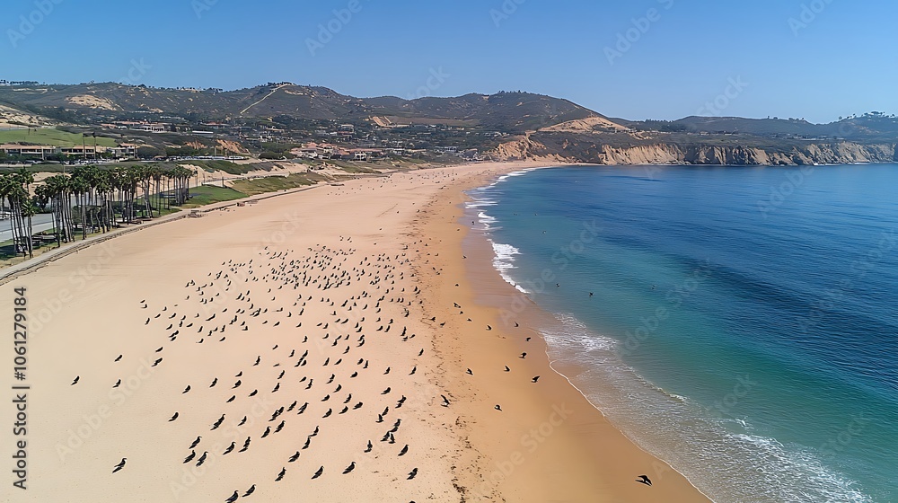 An expansive beach scene with golden sand stretching towards the horizon, where the turquoise waves gently lap at the shore. Palm trees frame the sides of the image, while seagulls glide overhead An expansive beach scene with golden sand stretching towards the horizon, where the turquoise waves gently lap at the shore. Palm trees frame the sides of the image, while seagulls glide overhead