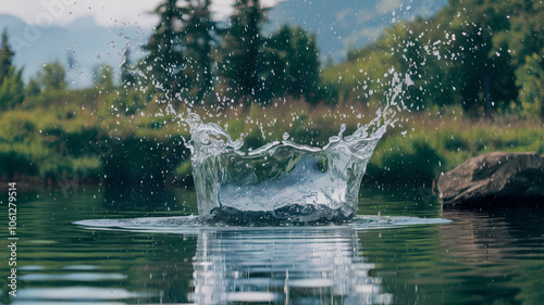 A close-up of a rock creating a splash as it hits the tranquil surface of a lake, surrounded by lush greenery and mountains in the background, capturing a serene natural scene.