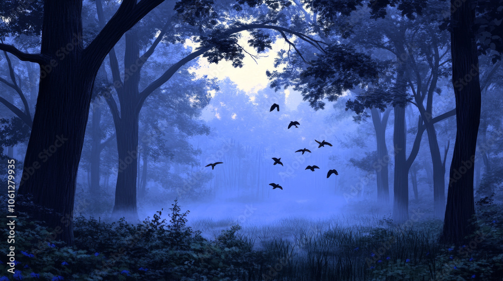 Misty Forest with Birds at Dawn Misty Forest with Birds at Dawn