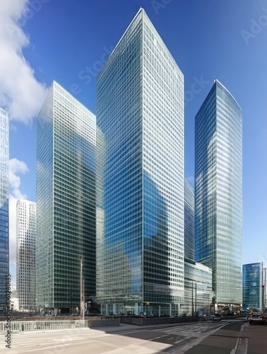 Modern skyscrapers with glass facades reflecting the sky and surroundings.