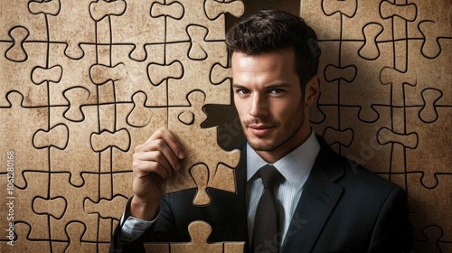 Businessperson with puzzle piece fitting perfectly, [problem-solving skills], [representing critical thinking and success] 