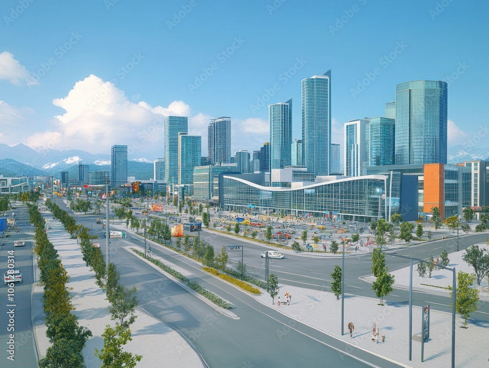 A modern city skyline featuring skyscrapers, roads, and green spaces under a clear sky. A modern city skyline featuring skyscrapers, roads, and green spaces under a clear sky.