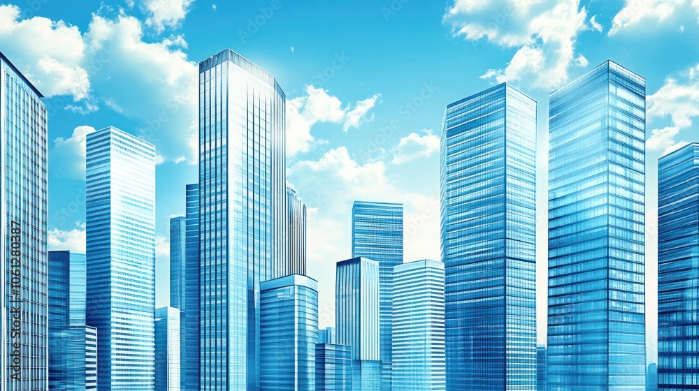 A modern city skyline with glass buildings under a bright blue sky and scattered clouds. A modern city skyline with glass buildings under a bright blue sky and scattered clouds.
