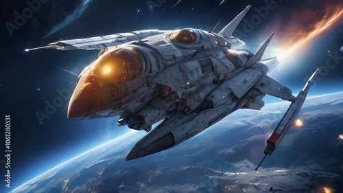 Wallpaper Mural A futuristic spaceship in orbit above Earth, with sleek metallic features and glowing lights Torontodigital.ca