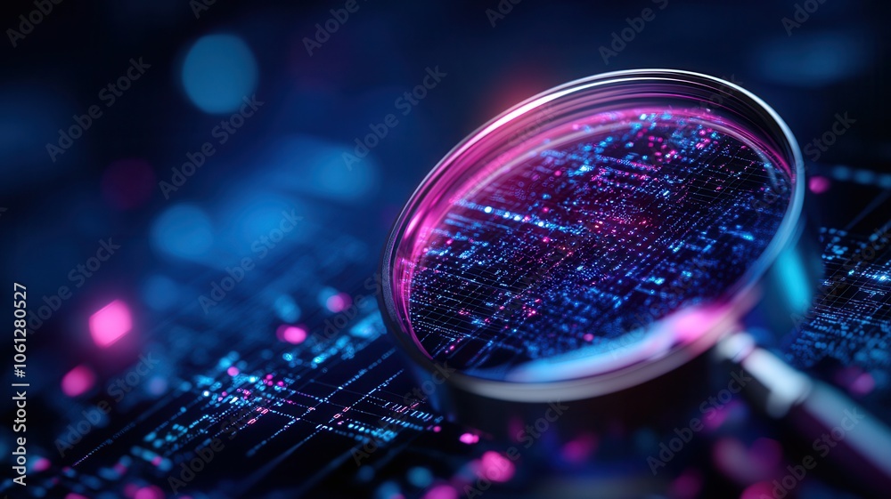 Close-up of a magnifying glass focusing on digital data, vibrant colors. Close-up of a magnifying glass focusing on digital data, vibrant colors.