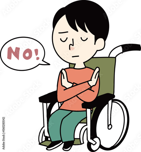 腕でバツを作ってnoを言う車椅子の男性