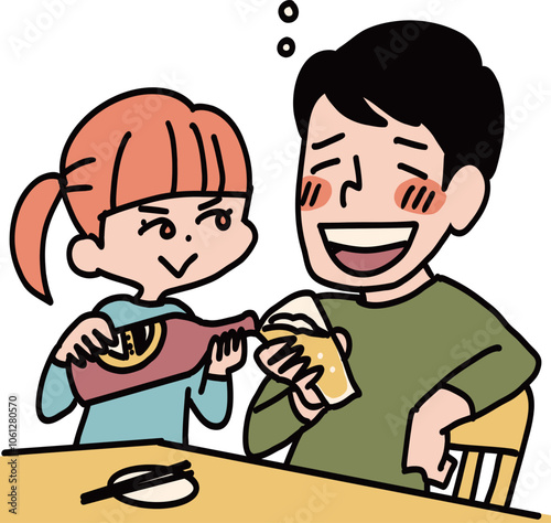 女の子にビールのお酌をしてもらうお父さん