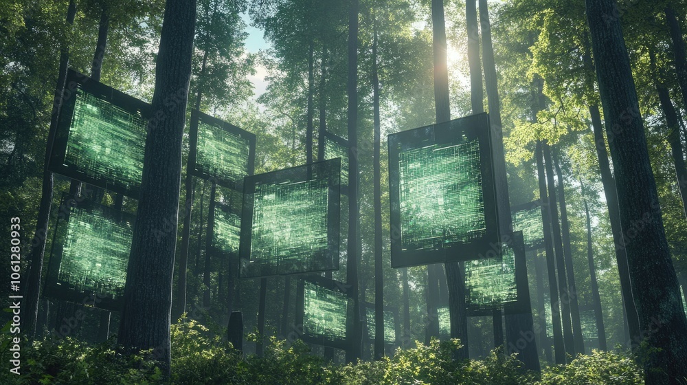 Fototapeta premium Carbon emission monitoring, futuristic digital screens in forest, 3D illustration 