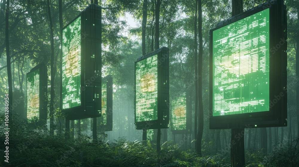 Carbon emission monitoring, futuristic digital screens in forest, 3D illustration Carbon emission monitoring, futuristic digital screens in forest, 3D illustration