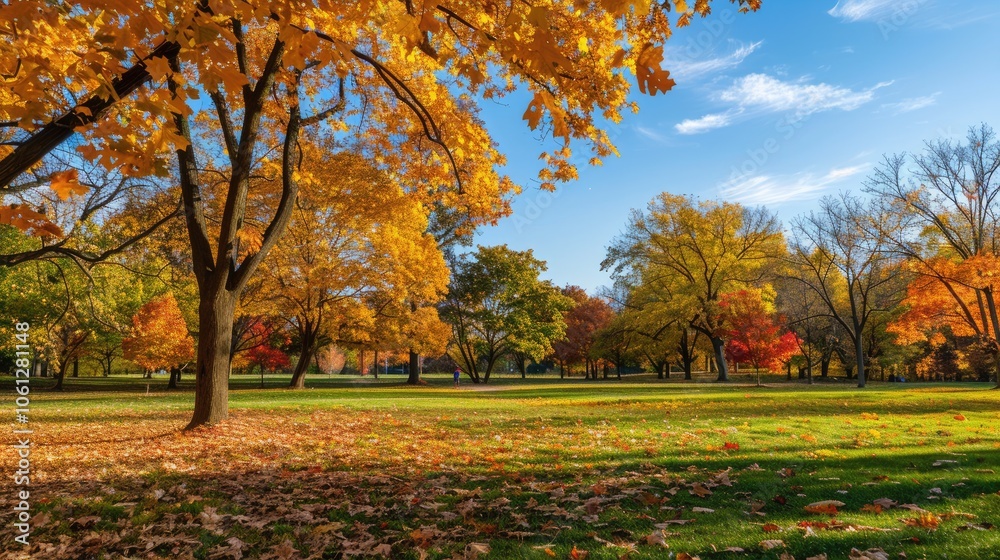 Vivid fall park with golden tree leaves Vivid fall park with golden tree leaves