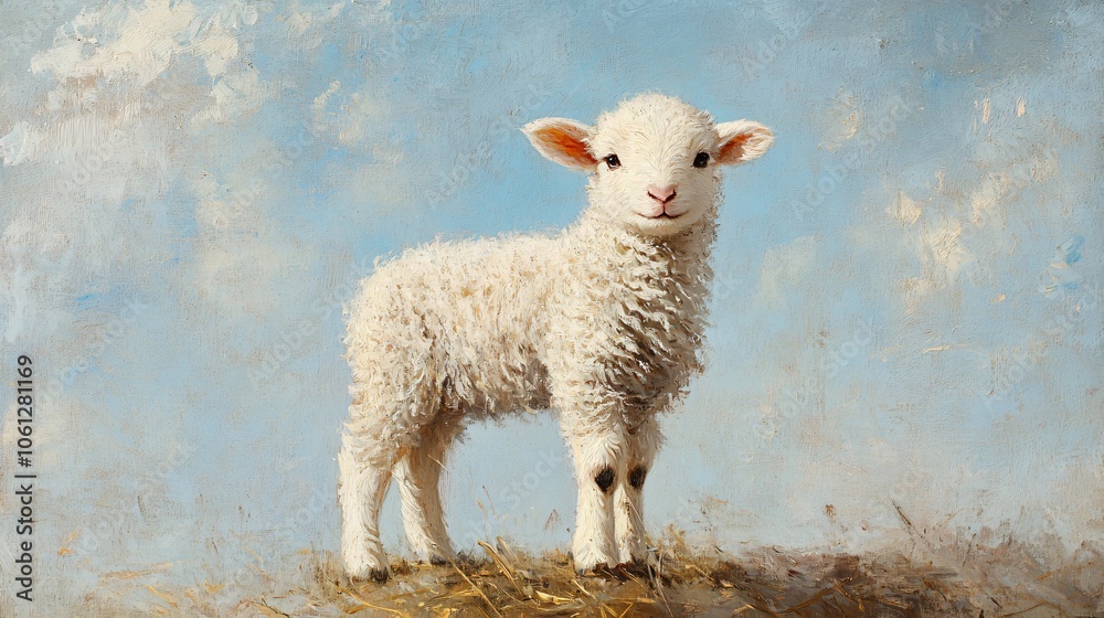 Fototapeta premium Adorable White Lamb Standing in a Field