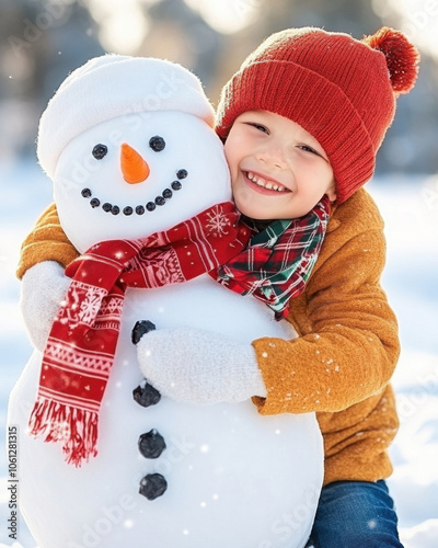 Christmas and Happy Kids, joyful child in winter scene hugs snowman, wearing red hat and scarf. snowman has cheerful face, creating festive atmosphere