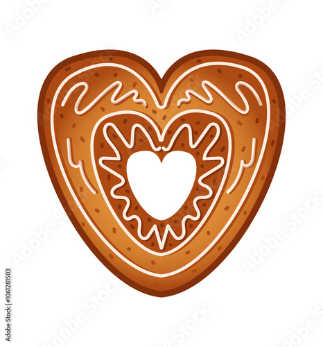 Heart shaped gingerbread cookie adorned with sweet glaze flat color vector object. Delicious homemade biscuit illustration on white background