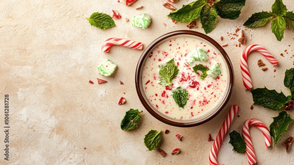 Peppermint Hot Chocolate with Candy Canes and Holly Leaves Peppermint Hot Chocolate with Candy Canes and Holly Leaves