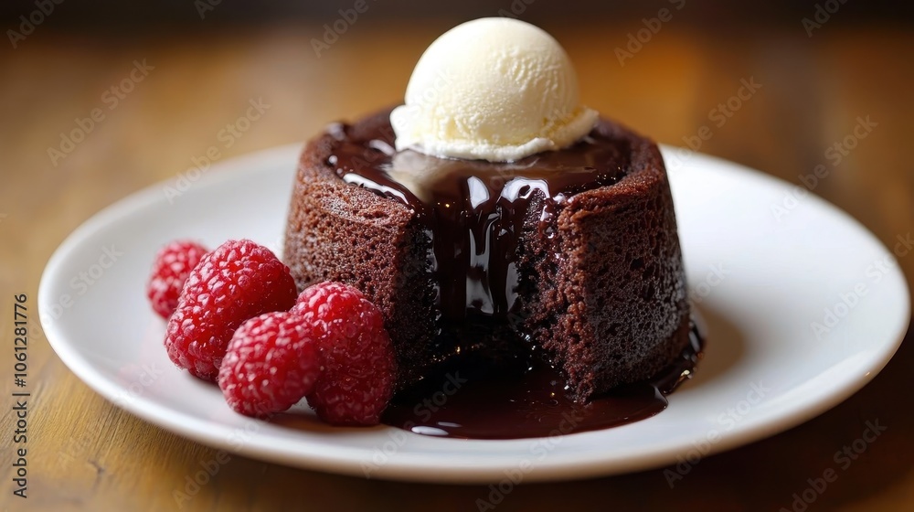 Delicious Chocolate Lava Cake with Ice Cream and Fresh Raspberries on a White Plate Delicious Chocolate Lava Cake with Ice Cream and Fresh Raspberries on a White Plate