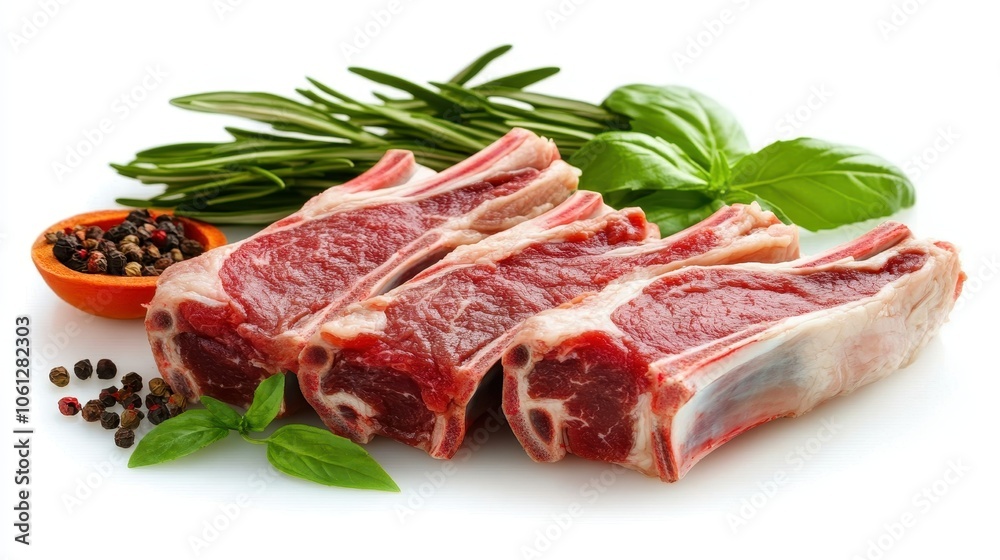 Fresh Raw Lamb Chops with Herbs and Peppercorns on White Background for Culinary and Food Photography Fresh Raw Lamb Chops with Herbs and Peppercorns on White Background for Culinary and Food Photography