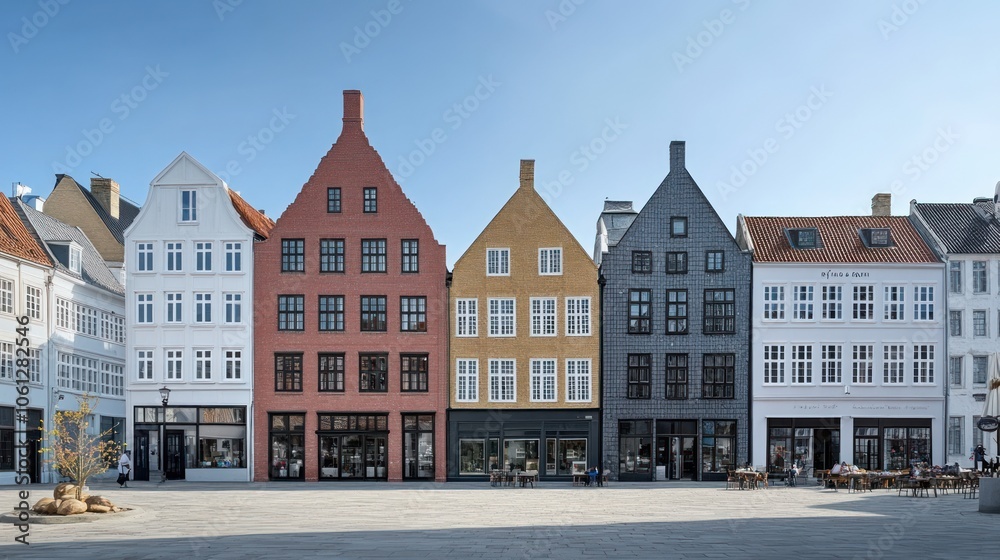 Fototapeta premium Colorful row of traditional buildings in a sunny square.