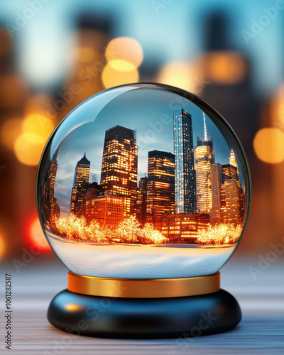 Christmas Saving with business concept, beautiful snow globe featuring city skyline with bright lights and winter scenery, evoking festive holiday spirit