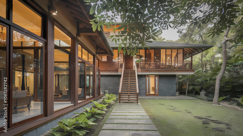 Modern architectural design featuring a spacious house with large windows, surrounded by lush greenery and a pathway, creating a serene outdoor living space. Modern architectural design featuring a spacious house with large windows, surrounded by lush greenery and a pathway, creating a serene outdoor living space.