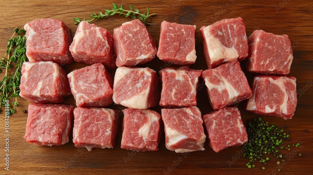 Fresh Raw Beef Cubes on Wooden Cutting Board with Herbs and Peppercorns for Culinary Preparation Fresh Raw Beef Cubes on Wooden Cutting Board with Herbs and Peppercorns for Culinary Preparation