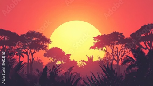 Tropical sunset with silhouettes of trees.